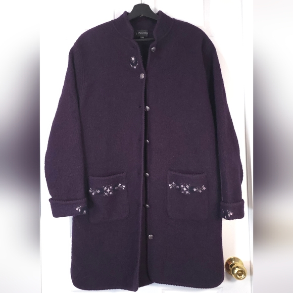 Lindor 100% Wool Long Cardigan Coat Purple Embroidered Size L Jacket Boiled Wool - Picture 2 of 11